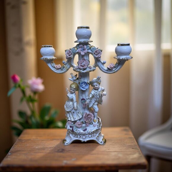Vintage Porcelain Candelabra Roses and Romance Capodimonte Style Cottagecore Dra - Picture 1 of 12